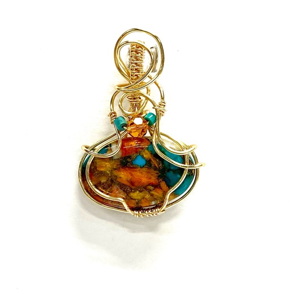 HANDMADE Spiny Oyster Turquoise  Hand Wrapped Gold Plate Statement Pendant - Picture 8 of 10